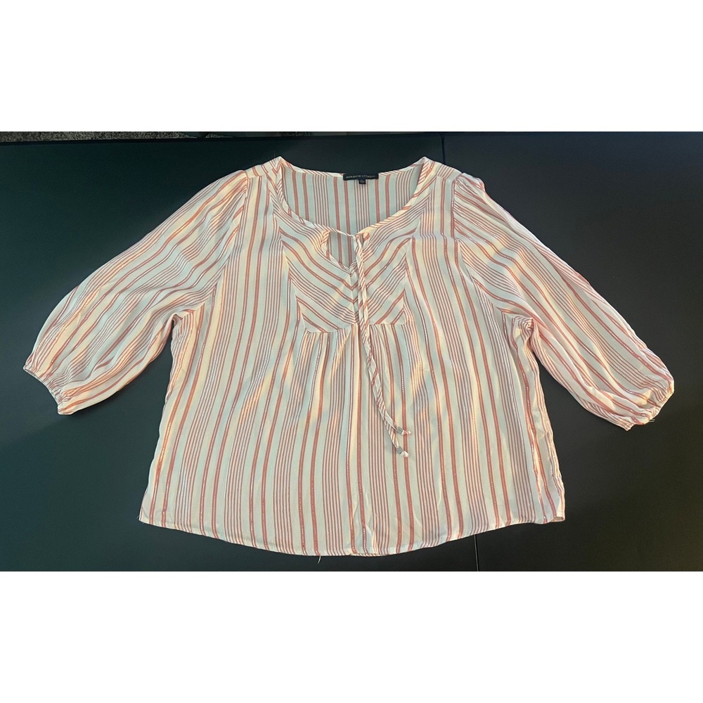 Adrienne Vittadini Orange White Striped Metallic Tie Neck Blouse XL (1114)